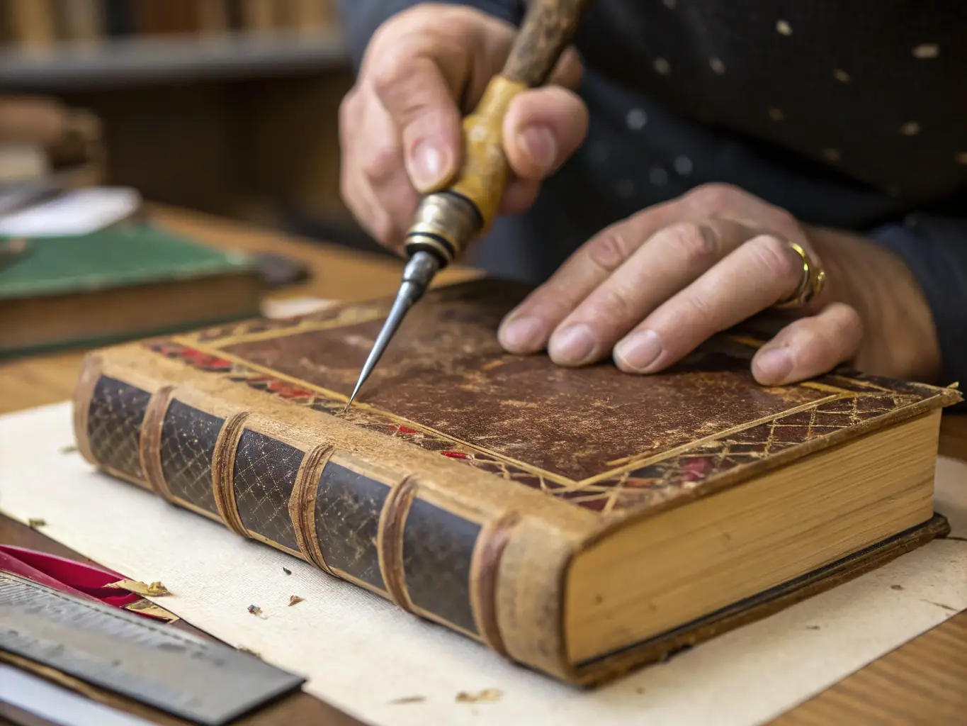 A photograph of a conservator carefully restoring an antique book in a well-equipped conservation lab at CICL.