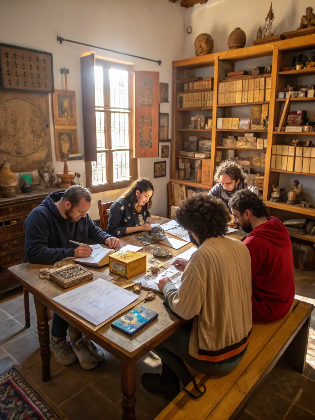 A group of workshop participants examining a collection of historical documents, discussing their conservation needs and potential treatment options.